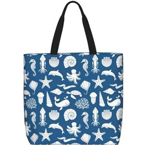 OdDdot Blauw Gestreepte Print Tote Bag Voor Vrouwen Opvouwbare Gym Tote Bag Grote Tote Tassen Vrouwen Handtas Voor Reizen Sport, Onderwater mariene leven, Eén maat