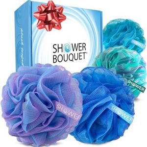 Loofah Bad-Sponge Swirl-Deep-Set-XL-75g by Shower Bouquet - Extra Large 4 Pack, Soft Mesh Net Luffa Loofa Loufa Puff - Exfoliërende Body Scrubber voor Vrouwen en Mannen: Kalmerende Face & Body Exfoliator