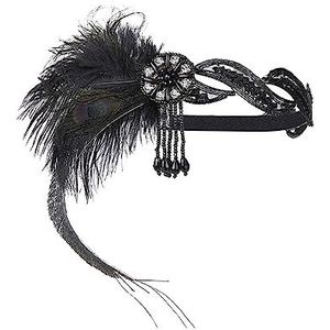 Jaren 20 flapper veren hoofdband, 20s kralen showgirl hoofddeksel, pauwenveer elastische haarband (kleur: wit en zwart, maat: 1)