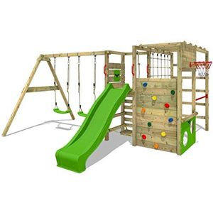FATMOOSE klimtoestel ActionArena Air speeltoestel met schommels & appelgroene glijbaan, outdoor speeltoestel voor kinderen met ladder, basketbalring & speelaccessoires voor de tuin