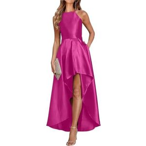 Dames satijnen formele bruidsmeisjesjurken maxi-jurk, feestjurk met blote schouders en zak, roze (hot pink), 40