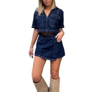 LoprNsdgt Dames Zomer Denim 2-Delige Outfits Korte Mouw V-Hals Jean Tops Onregelmatige Rok Shorts Set,Dark blue,L