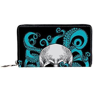 Vrouwen Zip Rond Portemonnee en Telefoon Clutch, Schedel & Octopus Patroon, Reistas Lederen Clutch Bag Kaarthouder Organizer Polsbandjes Portefeuilles, Meerkleurig, 8.07x1x4.53 in