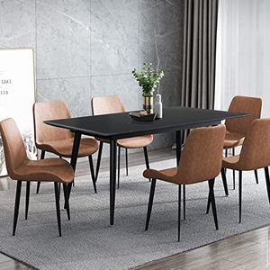 jiexi Leisteen eettafel met 4 stoelen, moderne keukentafel voor het avondeten, 140 x 80 cm, leren stoelen met stabiele metalen standaard, eettafel set voor tuin, restaurant (tafel + 4 bruine stoelen)