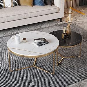 salontafels voor de woonkamer， Set van 2 ronde salontafels met marmeren blad - Moderne woonkamer bijzettafels, stevig metalen frame(Gold Leg+White+Black)