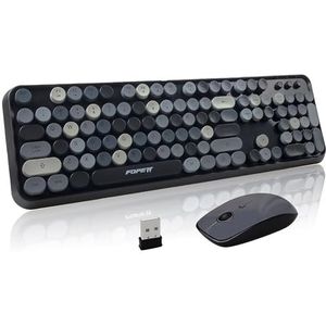 FOPETT Draadloos toetsenbord en muis combo - 2.4G full-size schattig kleurrijk retro toetsenbord met ronde keycaps 104 toetsen typemachine toetsenbord voor laptop/Windows/PC - grijs kleurrijk