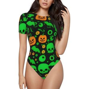 ELSMZXZD Bodysuit met korte mouwen voor dames - groene geest horror Halloween bedrukt ronde hals bodysuit, rekbaar T-shirt top, casual slim fit turnpakje, 3 D, S