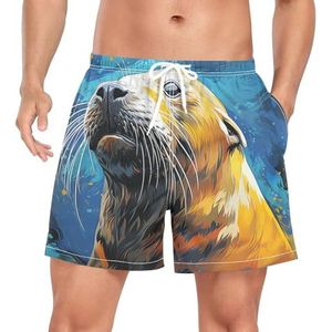 Niigeu Art Aquarel Sea Lion Zwembroek voor heren, sneldrogend, met zakken, Leuke mode, L