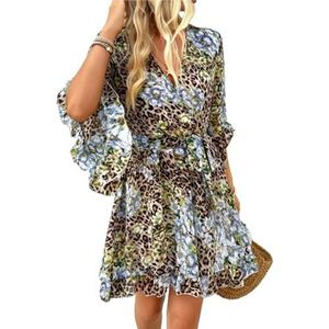 CupitiDU Dames Boho Bloemen Gedrukt Chiffon Jurken, Casual Zomer V-hals Chiffon Lange Boerenmouwen Vloeiende Orset Jurk, Luipaard Kleur, XL