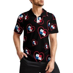 I Love Panama Red Heart heren golfpoloshirts klassieke pasvorm T-shirt met korte mouwen bedrukt casual sportkleding top XL