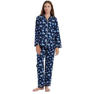 kolipajam katoenen flanellen pyjama voor vrouwen 100% katoen flanel pyjama set zachte PJS gezellige dames loungewear, Donkerblauwe Bloemen Bloem, 3XL