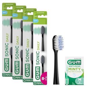 GUM Sonic Daily vervangende borstelkoppen voor GUM Sonic Daily sonische tandenborstel/zachte, microfijne borstelharen voor een zachte, grondige reiniging, elke dag /4x2 stuks (zwart) +1 gratis sample