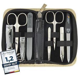 DREI SCHWERTER - Manicureset 'Roma' - nageletui met 8 instrumenten: nagelschaar, huidschaar, voet/vingernagelknipper, nagelreiniger, pincet, glazen nagelvijl, saffier nagelvijl - zand