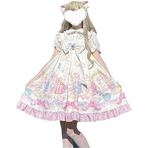 Lolita jurk voor meisjes, schattige Japanse stijl, print, sling, jurk met grote strik, party, prinsessenjurk, wit, S