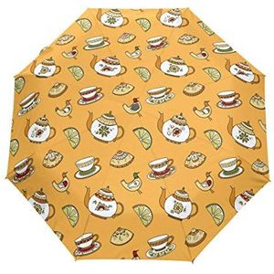 Jeansame Vintage Oranje Theepot Koffie Bekers Vouwen Compacte Paraplu Automatische Regen Paraplu's voor Vrouwen Mannen Kid Jongen Meisje