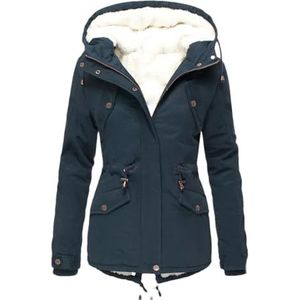 DBFBDTU Winterjas voor dames, warme verdikte lange winterjas voor buiten, wandelen, parka met capuchon, overjas, Donkerblauw, L