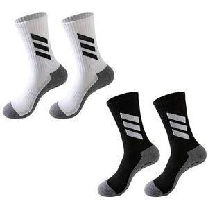 Set van 2 paar antislip sportsokken, met rubberen bekleding, ademende voetbalsokken in het midden van de kuit, drie-strepen voetbalsokken, sokken, Wit/Zwart, 40-44