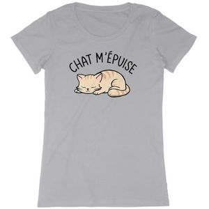 Cat m'épuise T-shirt voor dames, bedrukt in Frankrijk, 100% biologisch katoen, cadeau voor verjaardagsdieren, origineel grappig, Grijs, XL