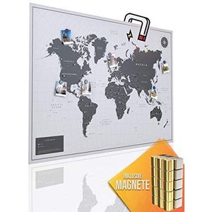VACENTURES Magnetisch prikbord wereldkaart XL White incl. 2 x 15 magnetische pins I Markeer je reisbestemmingen I verzamelfoto's en magneten I Magneet Poster DIN A1 - Wereldkaart
