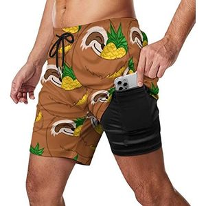Luiaard Pineapple Zwembroek voor heren, sneldrogend, 2-in-1 strandsportbroek met compressieliner en zak