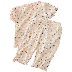 Koreaanse Kids Zomer Pyjama Set Leuke Kers T-shirt Meisje Kleding Korte Mouwen Tops Shorts 2 STKS Peuter Thuis Loungewear (Color : Flower, Size : 120 (105-115cm))