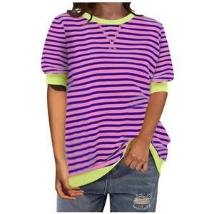 2024 Gestreept Shirt Dames Colorblocked Oversized Gestreepte Korte Mouw Gedrukt Ronde Hals T-shirt Eenvoudige Losse Trui Korte Mouw T-shirt (Color : Striped Purple, Size : XXL)