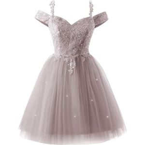 YIANN Sprankelende pailletten tule thuiskomst jurken voor tieners kant applicatie koude schouder cocktail party jurk, Taupe, 32