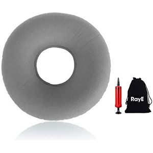 RayE Groot zitkussen, orthopedisch, 45 cm, aambeien, opblaasbaar, orthopedisch, donutkussen, zachte zitring met pomp, grijs