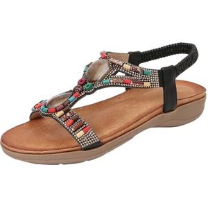 Xytraiihw Bohemian zomersandalen voor dames, zachte zool met strass steentjes grote maten strandschoenen antislip sandalen met elastische band slingback glitterpantoffels voor bruiloft,zwart,36 EU