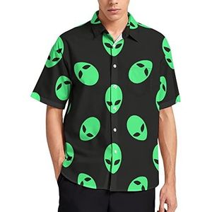 Groene Alien Heads Hawaiiaanse Shirt Voor Mannen Zomer Strand Casual Korte Mouw Button Down Shirts met Zak