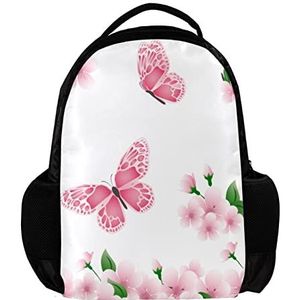 Rugzak voor vrouwen en man roze lente bloem vlinder patroon School reizen werk Rugzak, Meerkleurig, 27.5x13x40cm, Rugzak Rugzakken