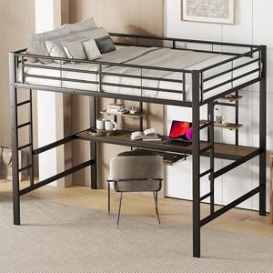 Moimhear Bedframe, metalen bed, ijzeren bed, hoogslaper met bureau en twee boekenplanken voor kinderen, jongeren en volwassenen, 140 x 200 cm, zwart