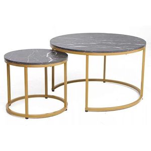 SIGNAL MEBLE Set van 2 salontafels met marmereffect Dion - zwart/goud - D 80 x H 48 cm