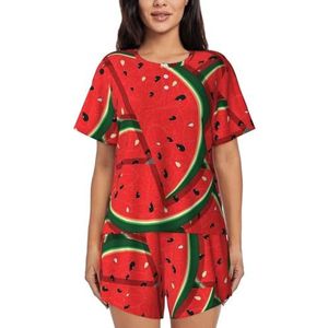 RIVETECH Pyjama met korte mouwen en rode watermeloenprint voor dames - comfortabele korte sets, nachtkleding met zakken, Zwart, L