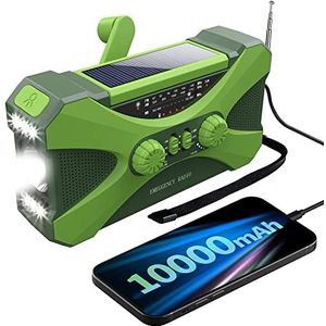 Juwaacoo 10000MAh noodradio, Solar Hand Crank Radio, Draagbare Radio met Telefoon Oplader, LED Zaklamp Groen
