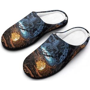 Noorse Mythologie Print Heren Warme Pantoffels, Winter Memory Foam Katoen Pantoffels, Comfortabele en Warme Gesloten Vinger Platte Schoenen voor Binnen en Buiten(Viking Wolf,13-14(46-47))