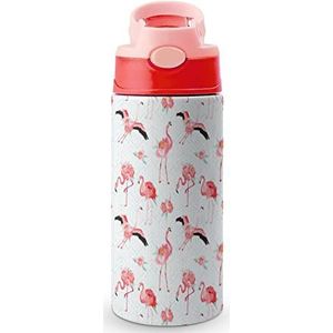Zomer tropische flamingo bloemen 12 oz waterfles met rietje koffie beker water beker roestvrij staal reizen mok voor vrouwen mannen roze stijl