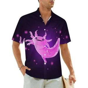 Kawaii roze Axolotl herenhemden korte mouwen strandshirt Hawaiiaans shirt casual zomer T-shirt M