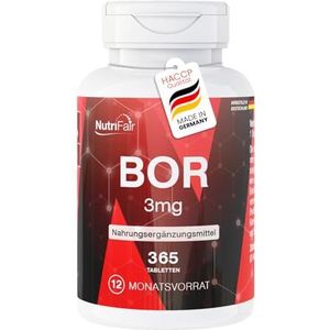 Borium 3mg - 365 tabletten - Sporenelement borium - Hoge dosering - 100% veganistisch – Duitse productie & laboratoriumtest - NutriFair | Premium & Fair