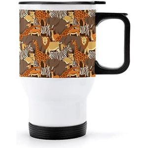 Afrikaanse Dieren Leeuw Olifant Giraffe Reizen Koffiemok met Handvat & Deksel Rvs Auto Cup Dubbelwandige Koffiemokken