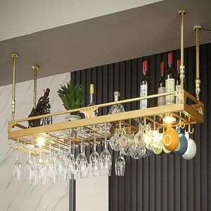 Wijnrekken Licht luxe hangend wijnrek met 2 lampen, verstelbaar wijnrek met glazen houder en plank, plafondmontage Bar (Color : Gold, Size : 100x35cm)