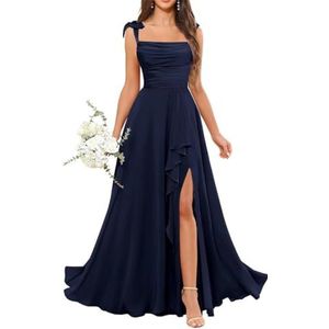 Dames chiffon bruidsmeisjes jurken met split lange galajurken ruches cocktailjurk plus size, Donkerblauw, 32