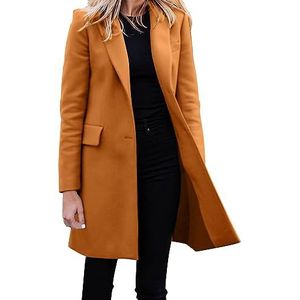 Asymmetrische wollen jas voor dames, casual, lichte mantel, slanke jas, lange mouwen, kantoor, zakelijke jas, damesmantel, Bruin, S
