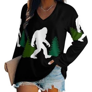 Grappige Bigfoot in Forest dames casual T-shirts met lange mouwen V-hals bedrukte grafische blouses T-shirt tops XL