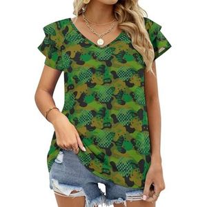Camouflage vlekken en bladeren grafische blouse top voor vrouwen V-hals tuniek top korte mouw volant T-shirt grappig