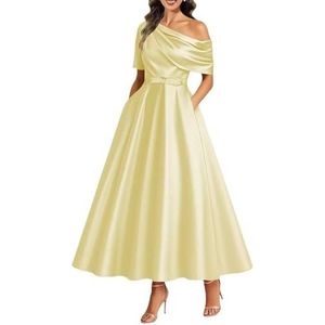 KIYNE Satijnen damesjurken voor moeder van de bruid, theelengte voor bruiloft, korset, A-lijn, formele avondjurk, feestjurk, Geel, 32