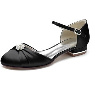 Dames Satijnen Pumps Enkelbandje Gesloten Teen Flats Comfort Lage Hak Avond Werk Trouwjurk Schoenen,zwart,36 EU