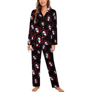 I Love Panama Rood Hart Vrouwen Lange Mouw Button Down Nachtkleding Zachte Nachtkleding Lounge Pyjama Set 2XL