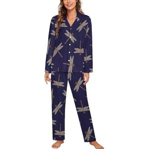 Beige libelle op een donkere pyjama met lange mouwen voor vrouwen, klassieke nachtkleding, nachtkleding, zachte pyjamasets