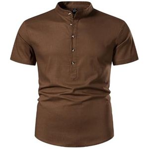 Heren Casual Katoen-linnen Shirt Met Korte Mouwen Zomer Lichtgewicht Gestreepte Kraag Strandtops(Color:Brown,Size:S)